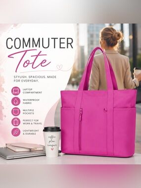NWT Pink Waterproof Laptop Tote Bag, Large Travel Work Shoulder Bag with Pockets